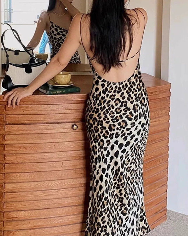 Leopard Print Satin Maxi Dress
