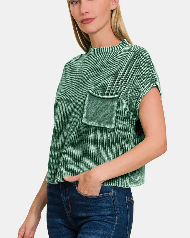 Zenana Washed Mock Neck Short Sleeve Cropped Sweater