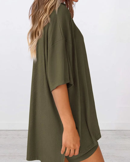 Full Size Oversized Slit Round Neck Top and Shorts Lounge Set Plus Size 