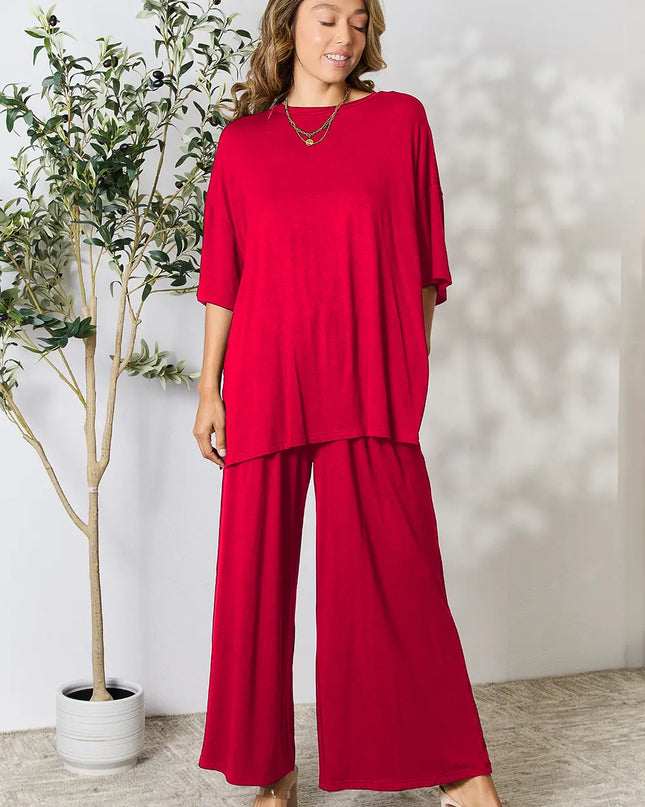 Double Take Full Size Round Neck Slit Top and Pants Set Red