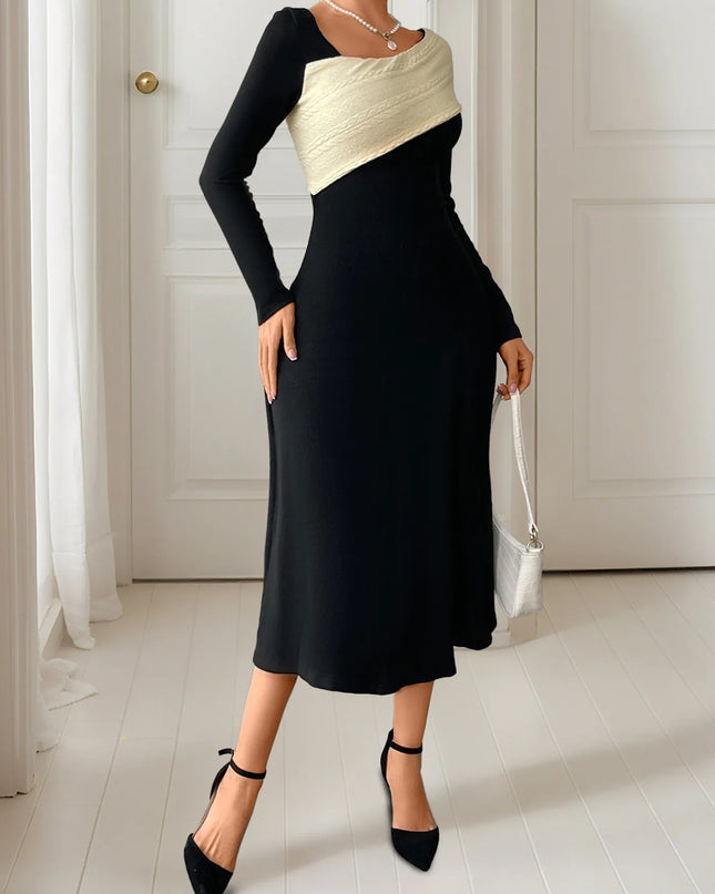 Asymmetrical Contrast Long Sleeve Dress