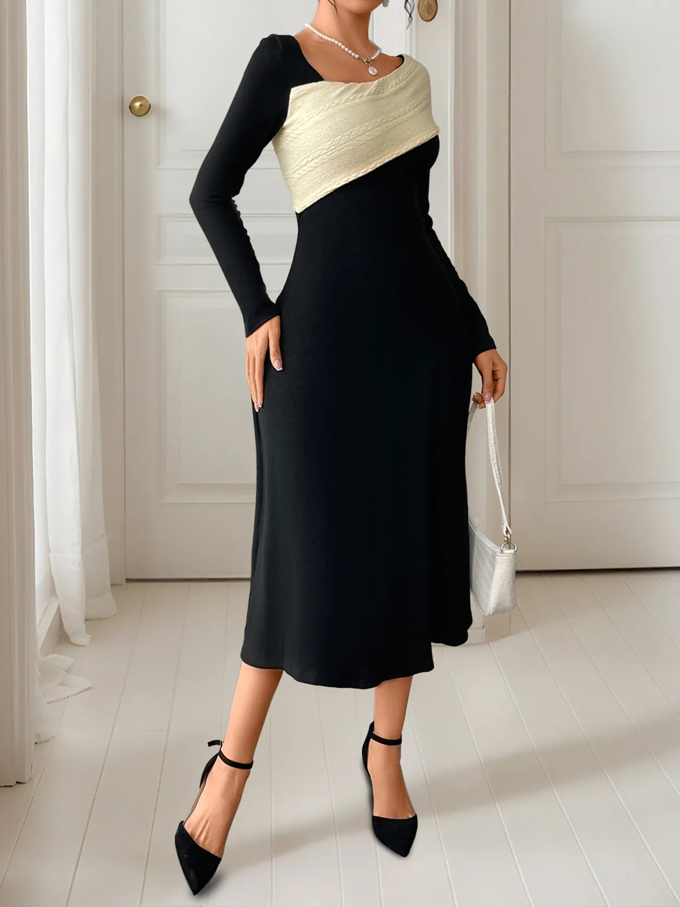 Asymmetrical Contrast Long Sleeve Dress
