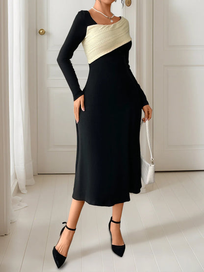 Asymmetrical Contrast Long Sleeve Dress