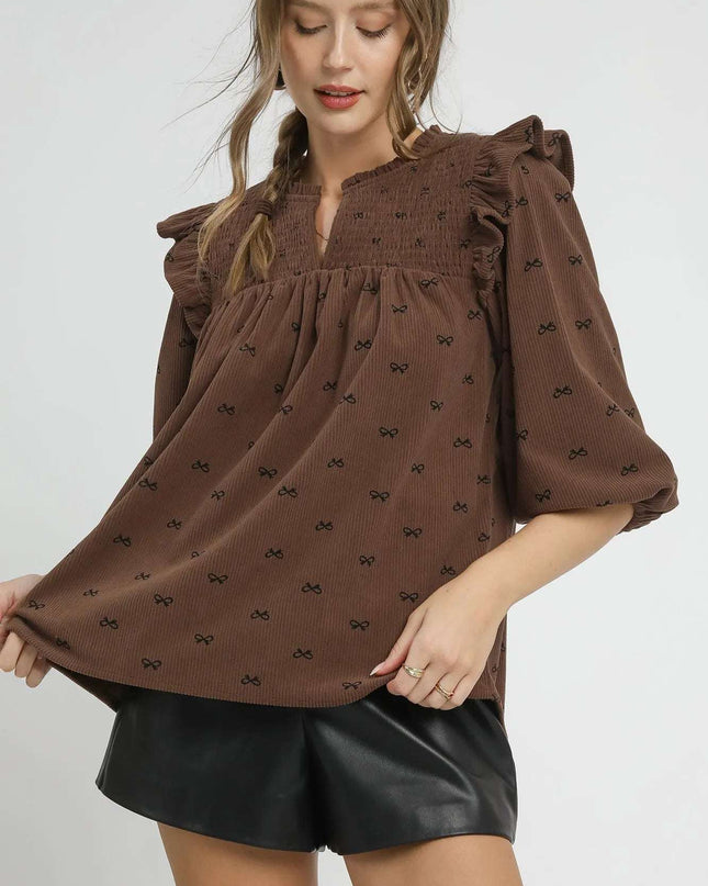 Umgee Bow Print Corduroy Puff Sleeve Blouse with Ruffled