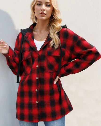 Double Take Drawstring Plaid Long Sleeve Hooded Shacket Deep Red