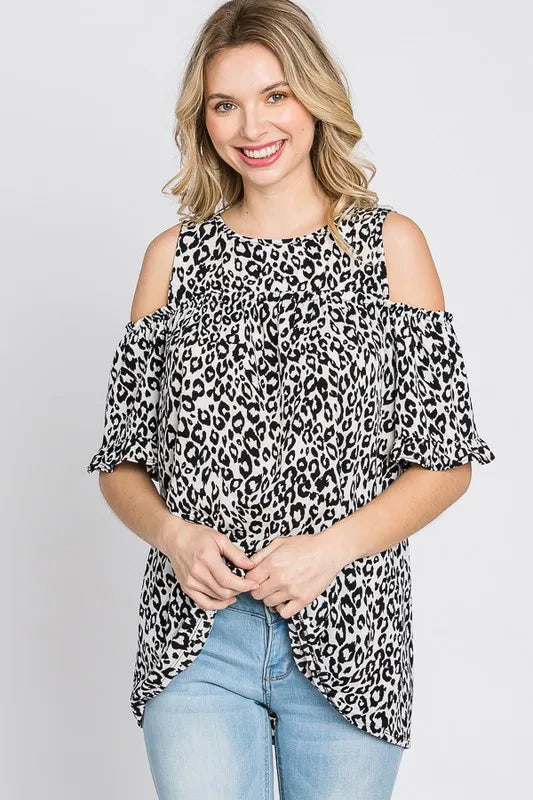 Heimish Full Size Leopard Round Neck Cold Shoulder T-Shirt Plus Size