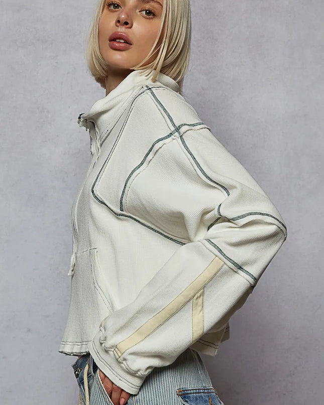 POL Contrast Stitching Zip Front Sweatshirt