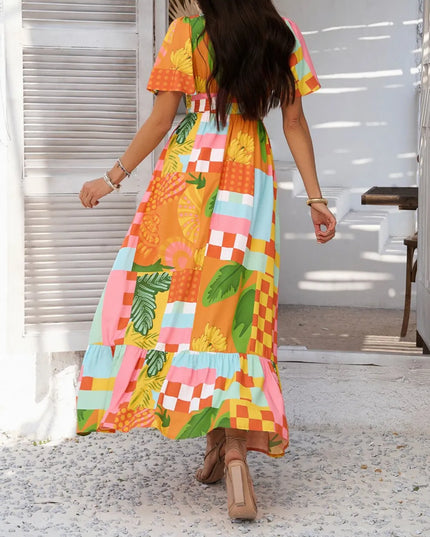Devine Smocked Printed V-Neck Short Sleeve Maxi Dress