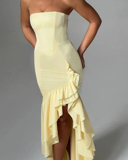 Strapless Ruffle High-Low Bodycon Dress Pastel Yellow