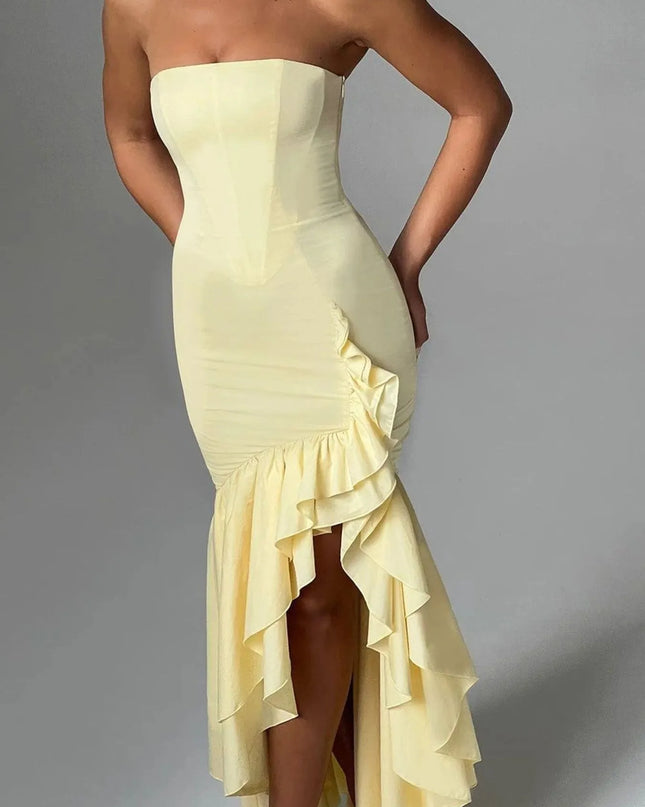 Strapless Ruffle High-Low Bodycon Dress Pastel Yellow