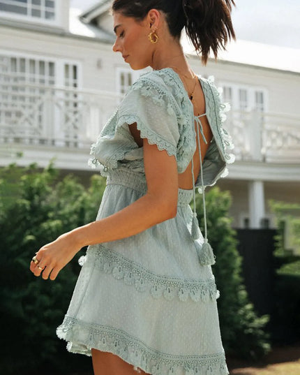 Lace Detail Plunge Short Sleeve Mini Dress