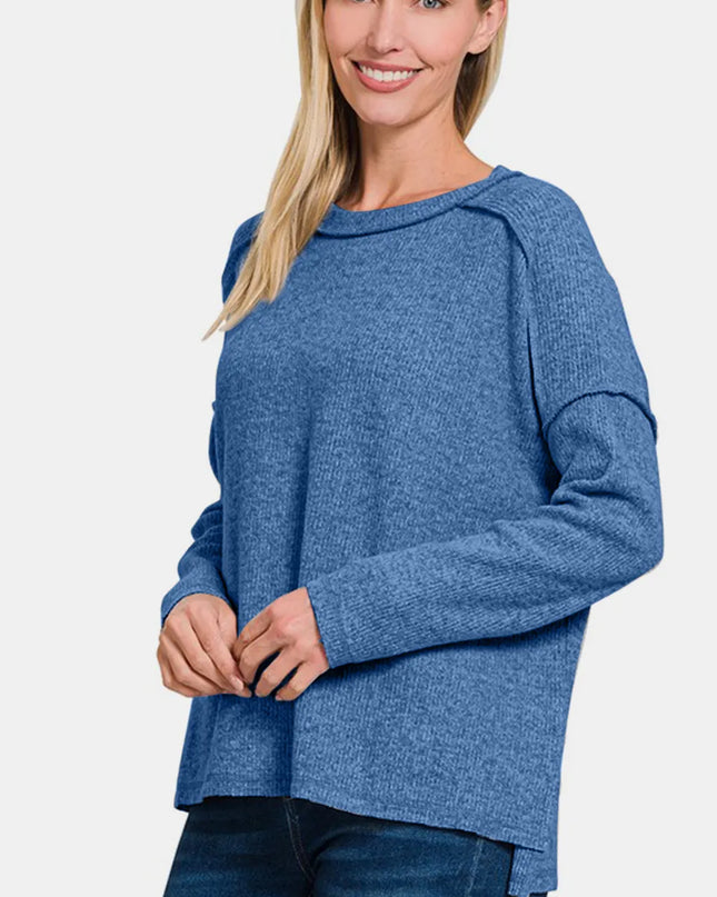 Zenana Full Size Exposed Seam Brushed Round Neck Sweater 