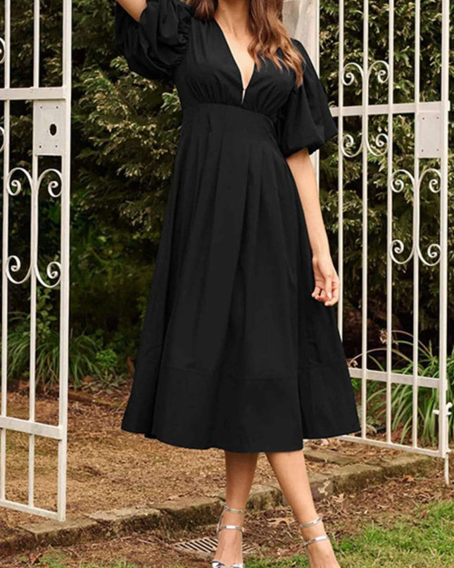 V-Neck Puff Sleeve Midi Dress