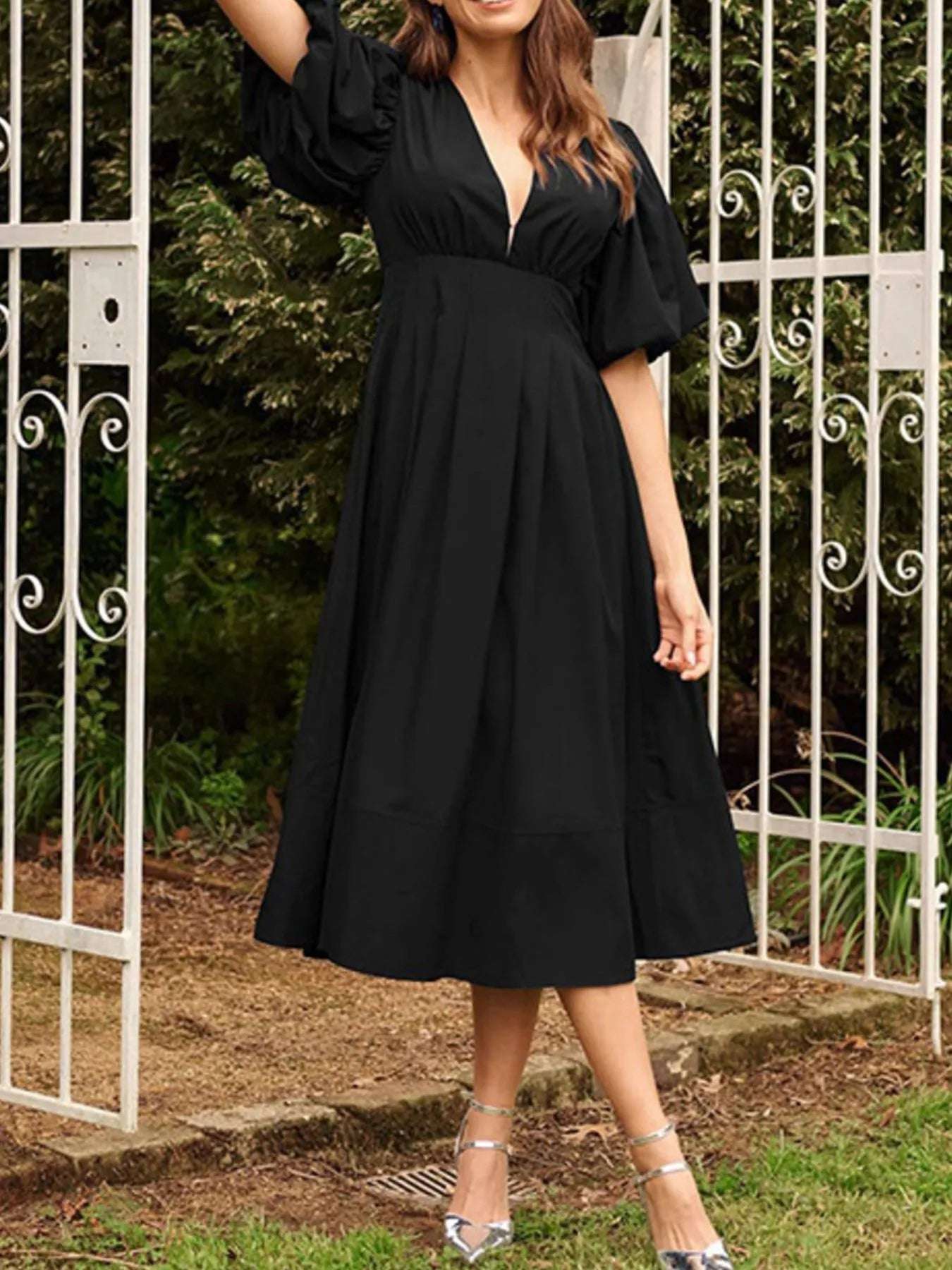 V-Neck Puff Sleeve Midi Dress