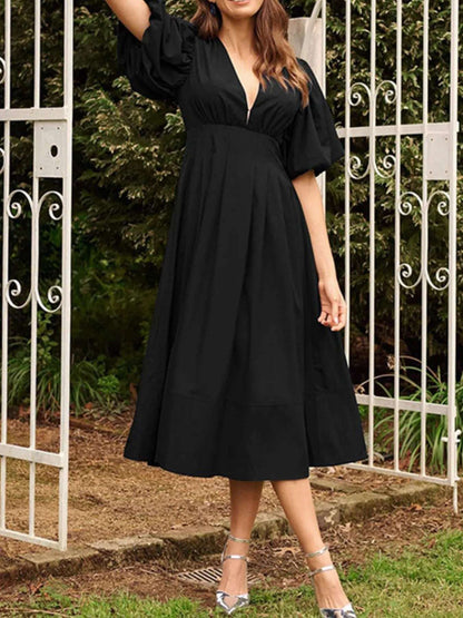 V-Neck Puff Sleeve Midi Dress