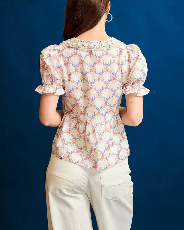 Umgee Lace Detail Bow Print Flounce Sleeve Blouse