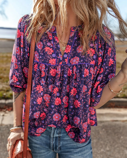 Floral Half Sleeve Split Neck Blouse Top