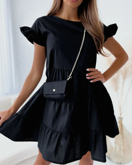 Ruffle Sleeve Tiered Swing Dress Black