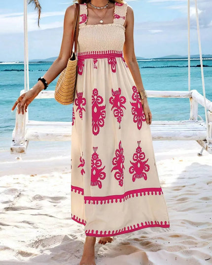 Smocked Printed Wide Strap Maxi Dress 