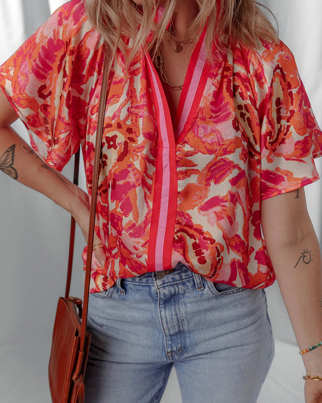 Abstract Print Striped Trim Split Neck Blouse