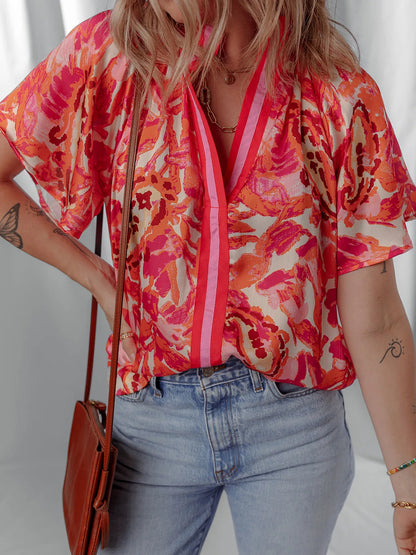 Abstract Print Striped Trim Split Neck Blouse