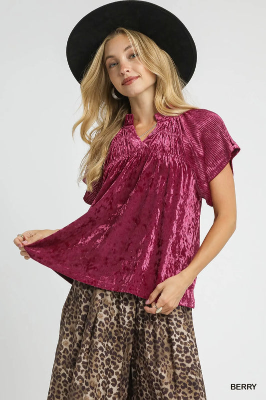Umgee Crushed Velvet Pleated Blouse BERRY