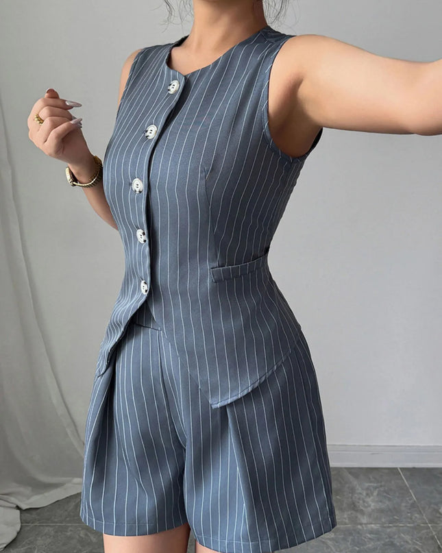 Striped Button Up Vest and Shorts Set Grey
