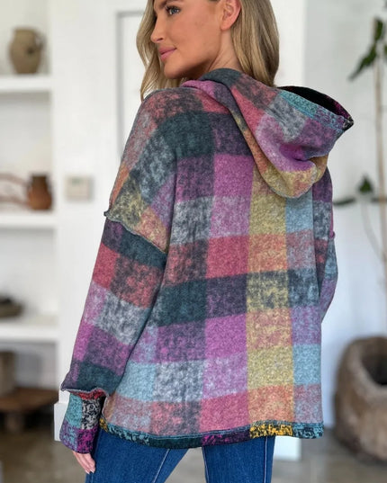 Double Take Full Size Plaid Dropped Shoulder Fleece Hoodie