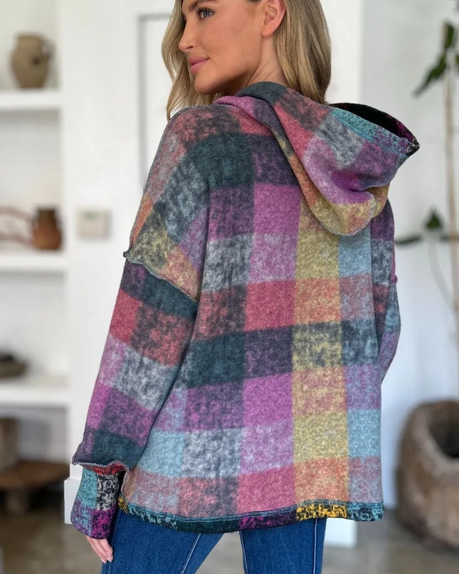 Double Take Full Size Plaid Dropped Shoulder Fleece Hoodie