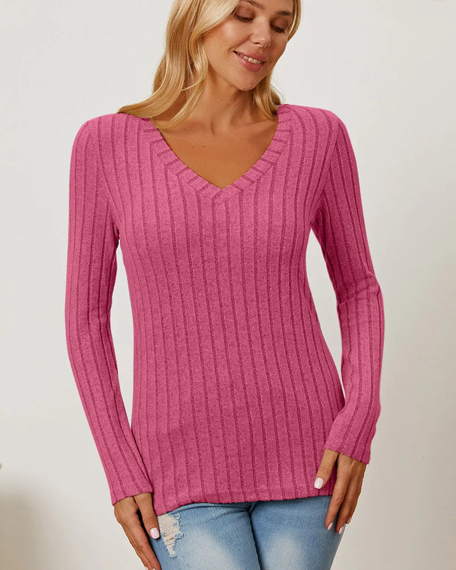 Basic Bae Full Size Ribbed V-Neck Long Sleeve T-Shirt Hot Pink