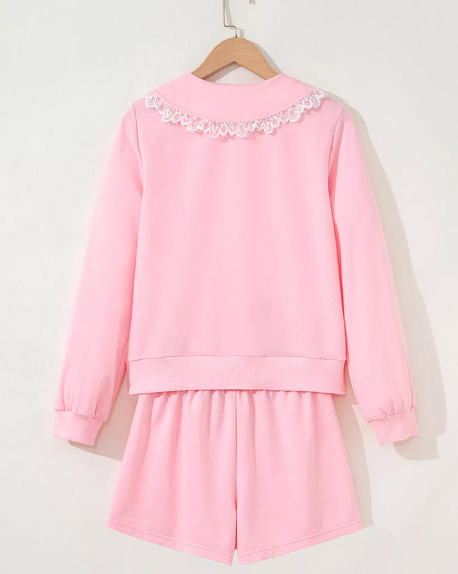 Peter Pan Lace Embellished Neck Sweatshirt and Skirt Two Piece Set