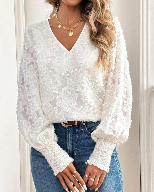 V-Neck Lantern Sleeve Blouse