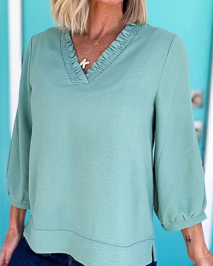 Frill Trim V-Neck Blouse Sage