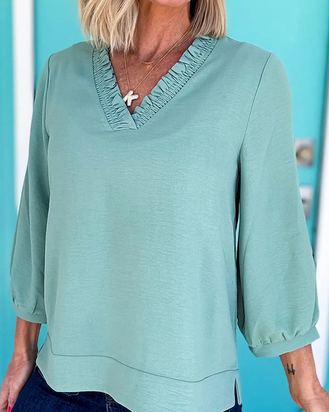 Frill Trim V-Neck Blouse Sage