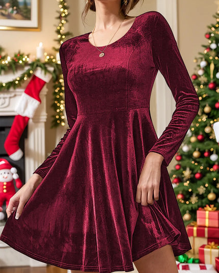 Round Neck Long Sleeve Knee Length Dress Burgundy