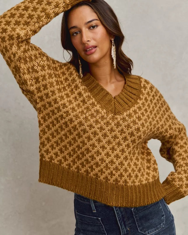 SO ME Color Block Textured Christmas Sweater V Neck Top