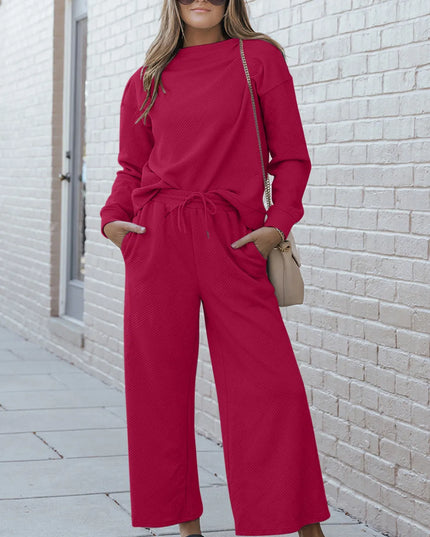Double Take Full Size Textured Long Sleeve Top and Drawstring Pants Set Hot Pink