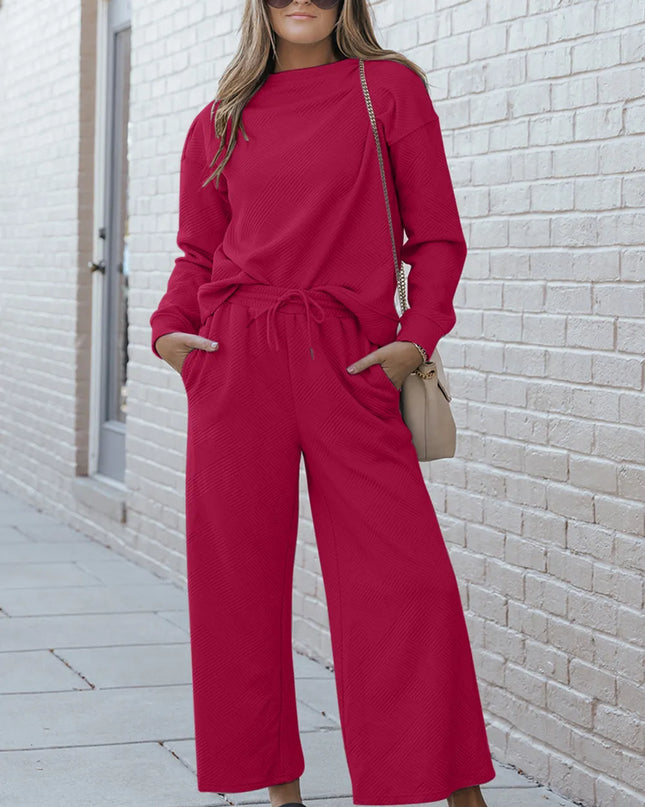 Double Take Full Size Textured Long Sleeve Top and Drawstring Pants Set Hot Pink