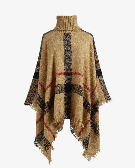 Plaid Turtleneck Raw Hem Poncho Camel One Size