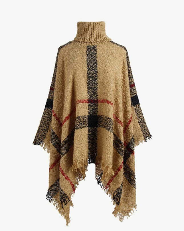 Plaid Turtleneck Raw Hem Poncho Camel One Size