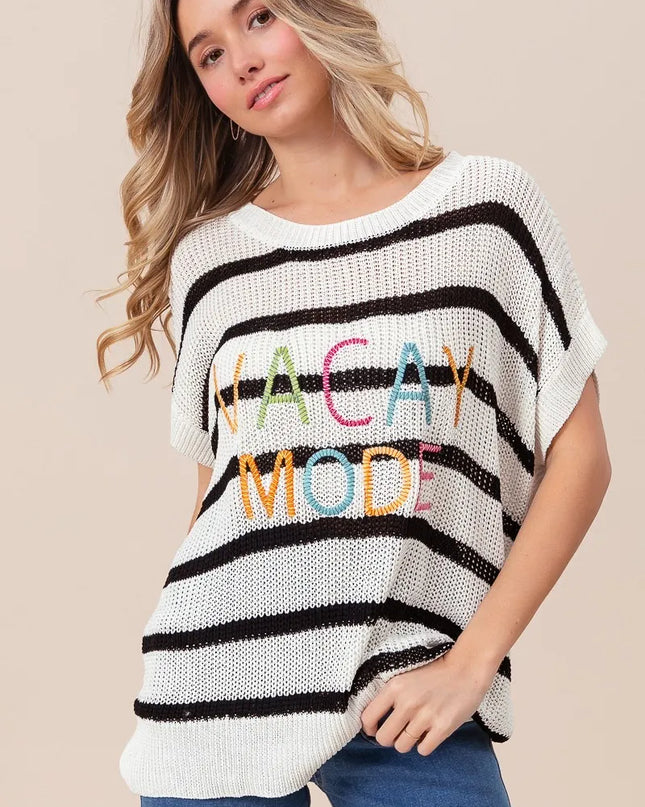BiBi Vacay Mode Lettering Drop Shoulder Striped Sweater