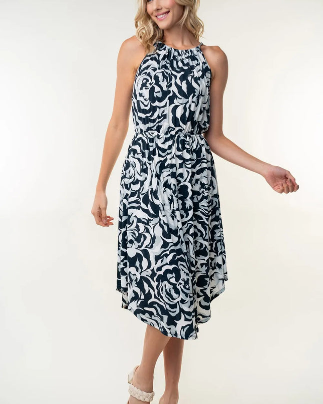 White Birch Tied Ruched Floral Sleeveless Knee Length Dress Black