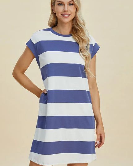 Basic Bae Full Size Striped Round Neck Cap Sleeve Mini Dress Dusty Blue