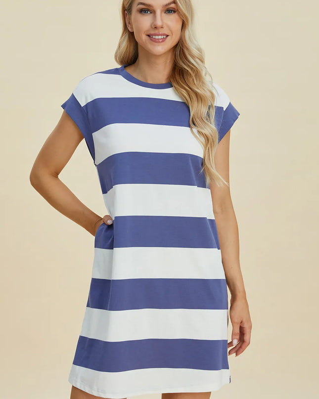 Basic Bae Full Size Striped Round Neck Cap Sleeve Mini Dress Dusty Blue