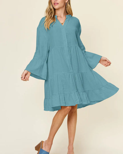 Double Take Full Size Texture Button Up Ruffle Hem Dress