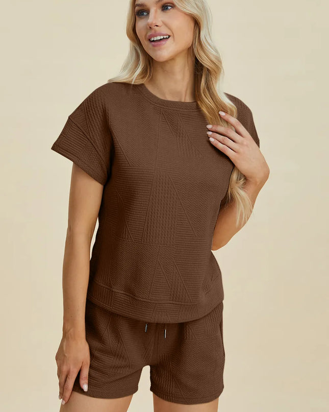 Double Take Full Size Texture Short Sleeve Top and Shorts Set