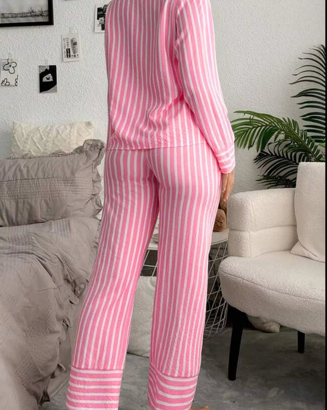 Stripe Buttoned Front Long Sleeve Top and Pants 2 Piece Sleepwear