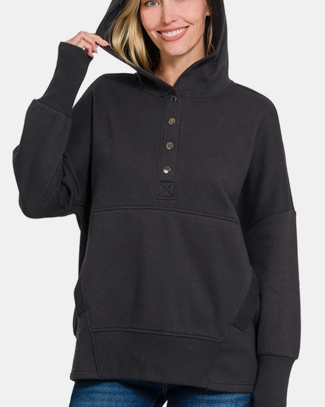 Zenana Half Snap Long Sleeve Hoodie with Kangaroo Pocket Black