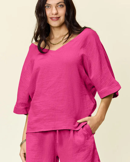 Double Take Texture Half Sleeve T-Shirt and Drawstring Shorts Set Hot Pink