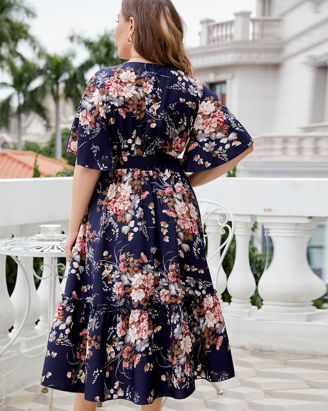 Honey Plus Size Floral Surplice Neck Midi Dress